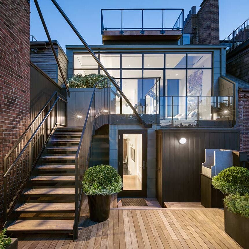 glass and steel-plate staircase, roof deck rail