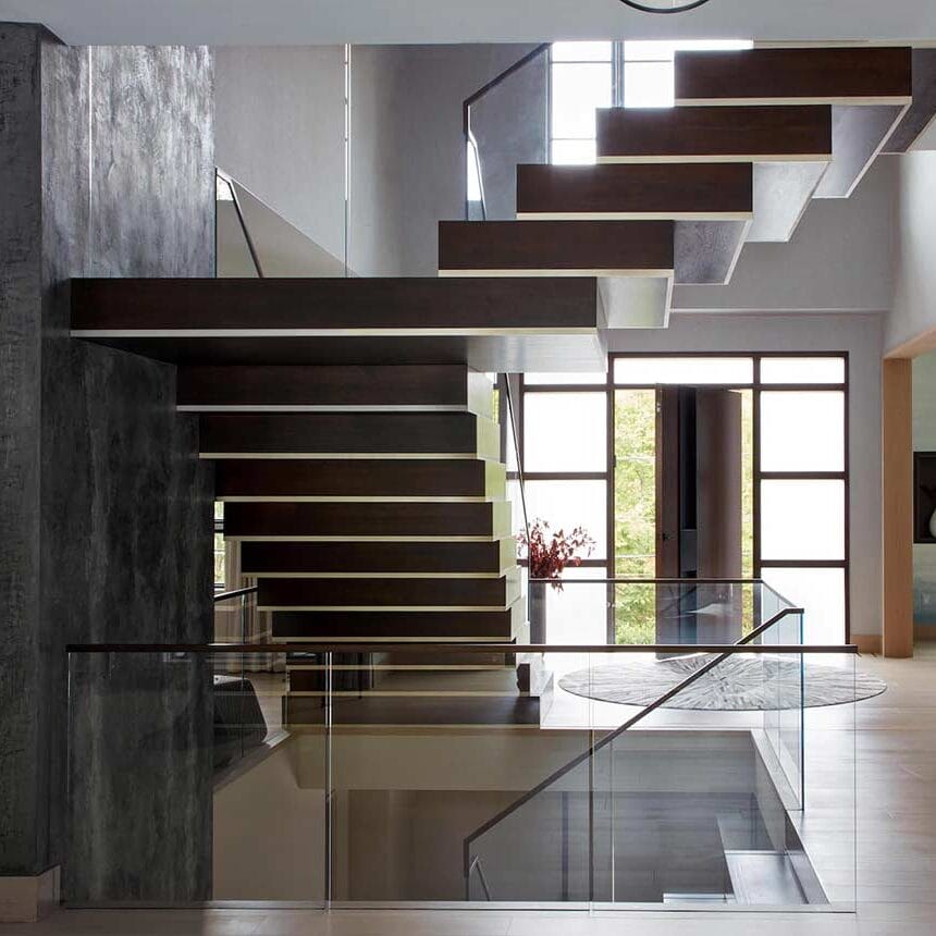 floating wood and glass staircase